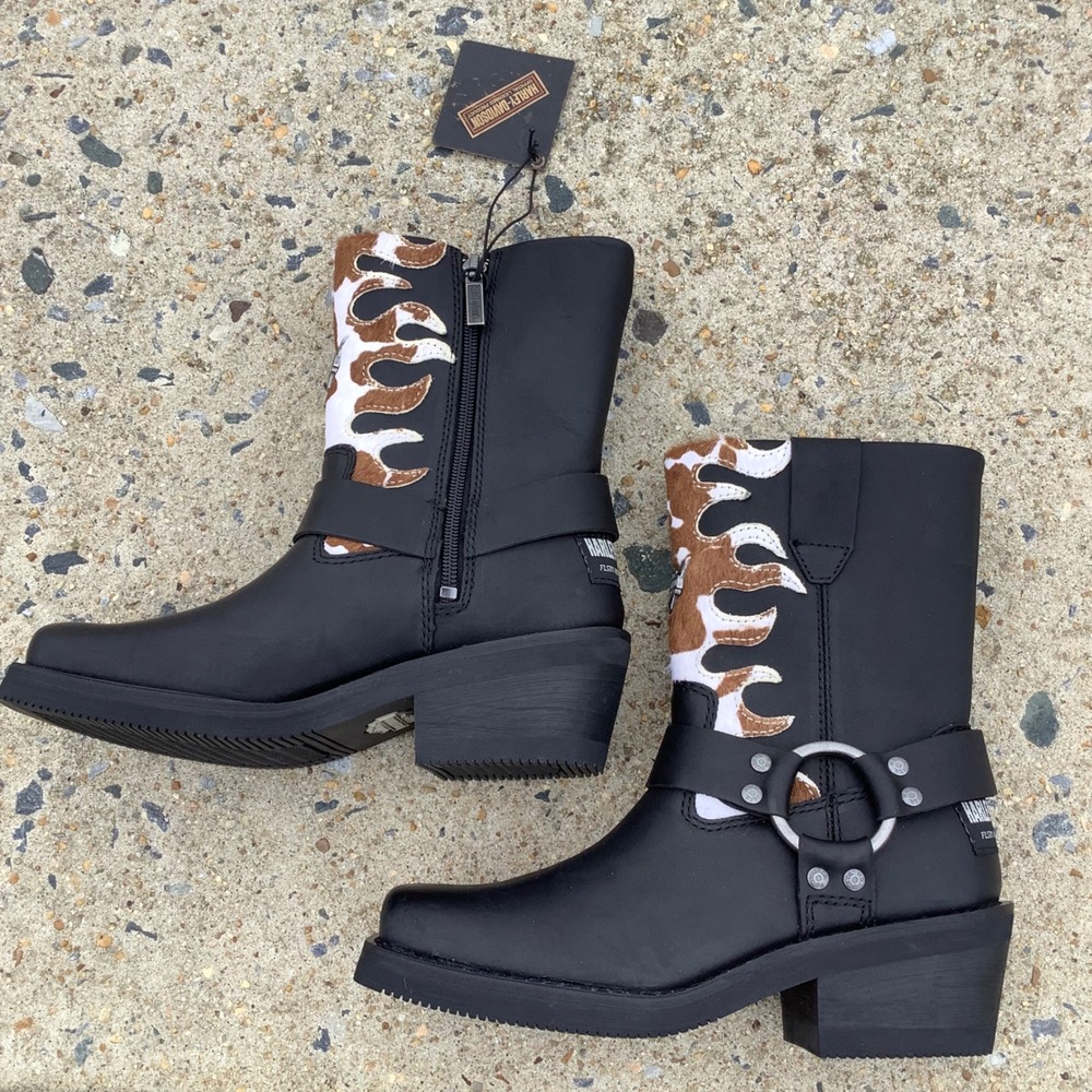 Harley Davidson Heritage Nostalgia Cow Print Flame Leather Boots D87274 Black 5M